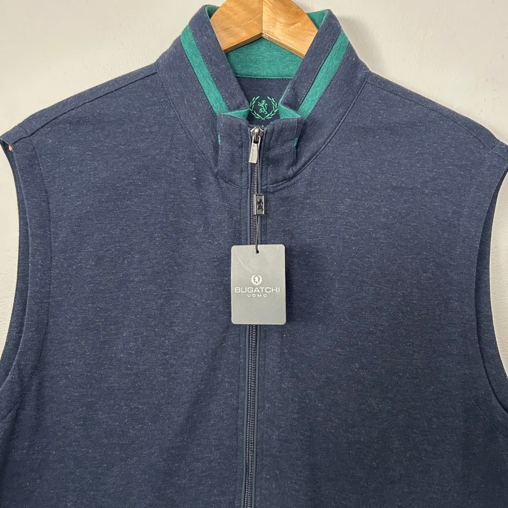 Bugatchi‎ Vest Mens Large Navy Blue Green Full Zip Mock Neck Cotton Stretch NWT
